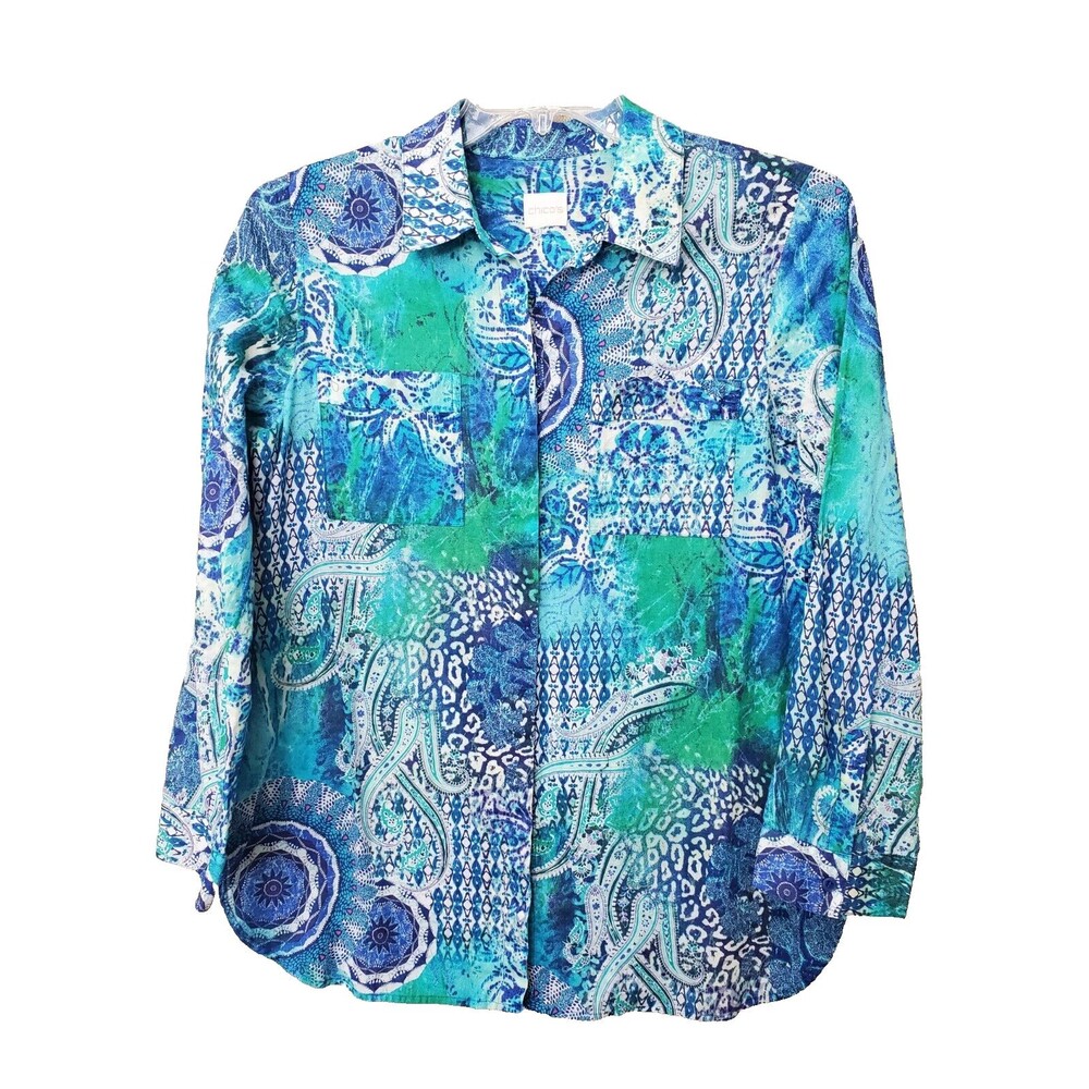 Chico's 100% Cotton Mandala Paisley Roll-Tab Sleeve Button-Up Shirt Size Medium